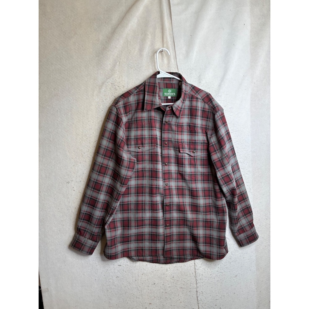Schnee's Bozeman Montana Mens Large Red Grey Plaid Snap Front Flannel Shirt